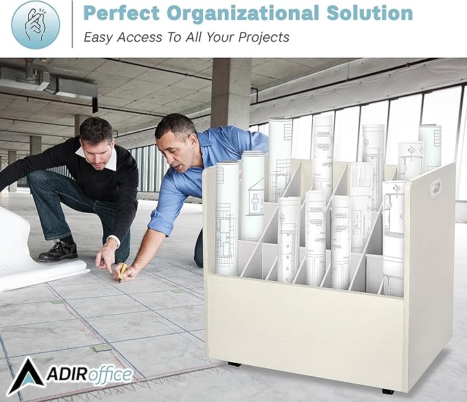 AdirOffice Adir Blue Print Storage Organizer - Mobile Roll File Cart, Construction Plan Holders, Blueprint Cabinet with Wheels, Roll Files Storage for Office and Home (21 Slots, White)