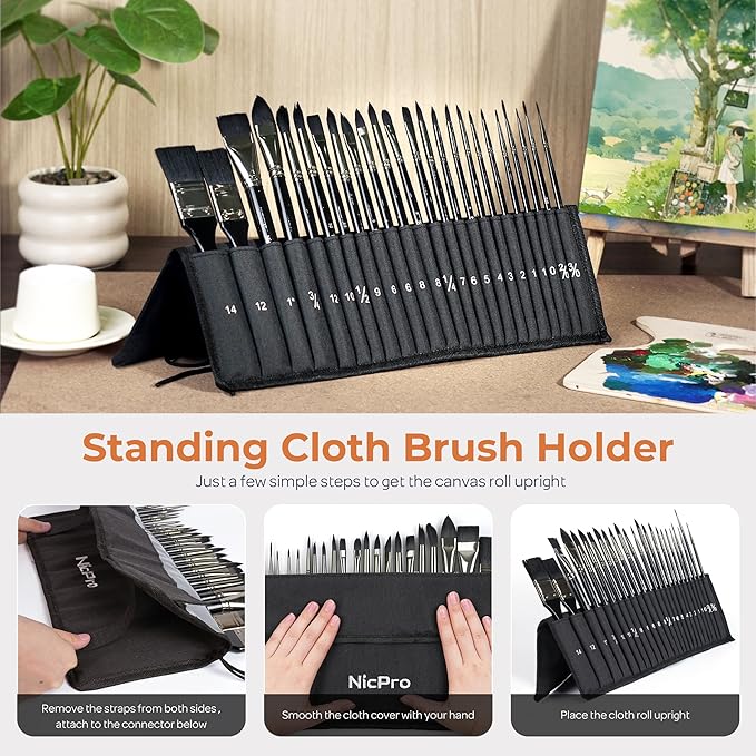 Nicpro 24pcs Watercolor Brushes Professional, Soft Synthetic Squirrel Hair Watercolor Brush Set with Cloth Roll, Round, Liner, Flat, Filbert, Dagger, Cat Tongue for Water Color Gouache Inks Painting