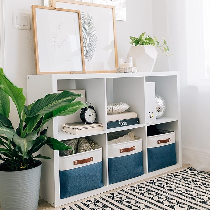 OrganiHaus Extra Large Fabric Storage Baskets for Shelves 3 Pack, 16x13in Closet Storage Bins for Shelves, Canvas Baskets for Organizing, Linen Closet Organizers, Cloth Basket, Navy Blue/Off-White