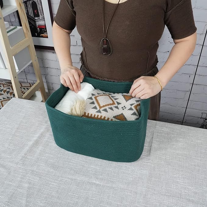 Cotton Rope storage Basket Bins15X10X9.3“ Basket for Organizing Shelves Rectangle Decorative Baskets For storage Clothes Toys Books Towels Square Wicker Nursery basket organizer 3 pack Dark green