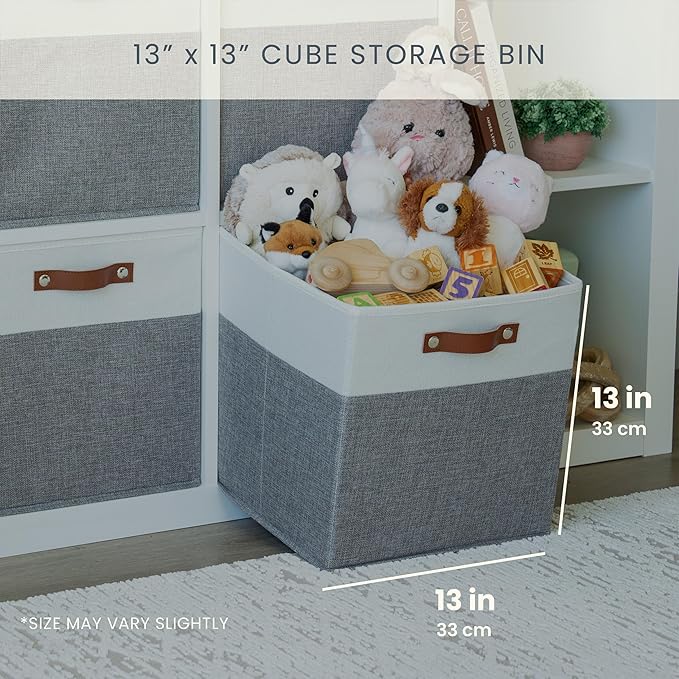 OrganiHaus 13" x 13" x 13" Cube Fabric Storage Bins Set of 4, Fabric Storage Cubes w/ Vegan Handles, 13 inch Collapsible Bins for Clothes & Toys Organizer, 13x13 Basket for Decor - Grey/White