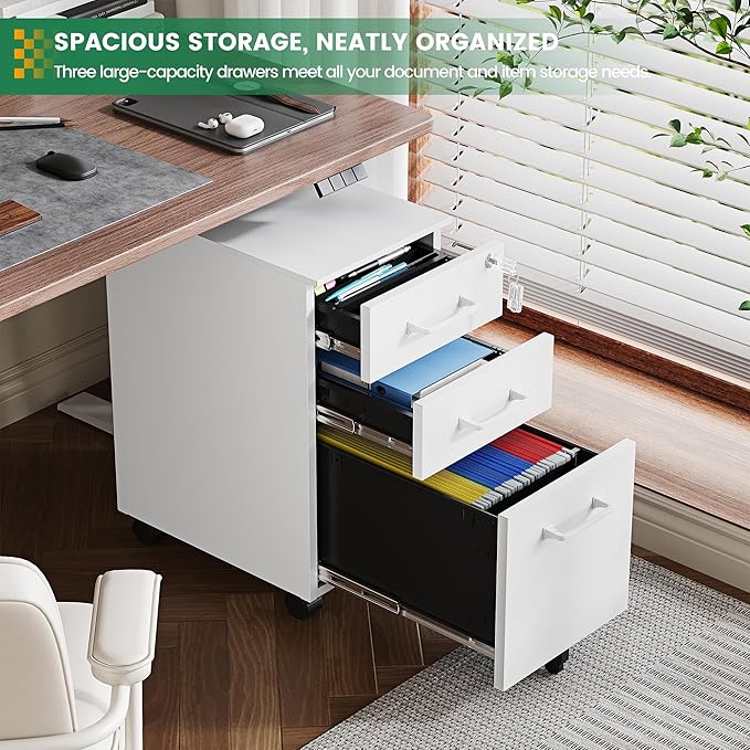 3 Drawer Slim File Cabinet, Mobile File Cabinet with Lock for Home Office, Rolling Narrow File Cabinet, Under Desk Locking Filing Cabinet on Wheels for Legal/Letter/A4 File(Unassembled,White)