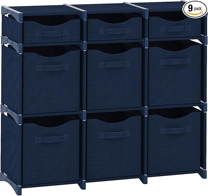 9 Cube Distressed Organizer with Drawers - Easy Assemble - Baby, Kids Dorm Room Organizer (Navy)