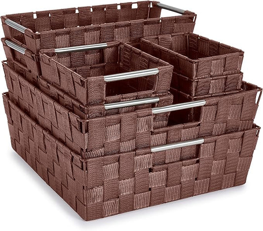Sorbus Set of 9 Woven Storage Baskets – Mesh Hand-Woven Baskets for Organizing, Fabric Storage Bins for Linen Closet Organizer, Storage Baskets for Shelves, Home Organization and Decor (Chocolate)