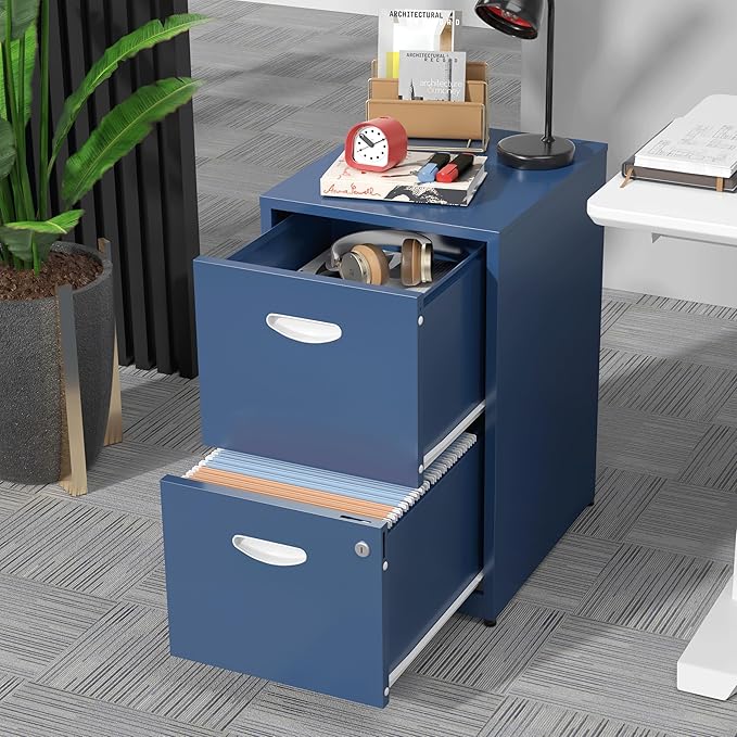 2 Drawer File Cabinet, Metal Two Drawer Vertical File Cabinets with Lock, 18" D Storage Filing Cabinet for Home Office, Steel Light Duty Storage for Letter-Size Files, Blue, Assembly Required