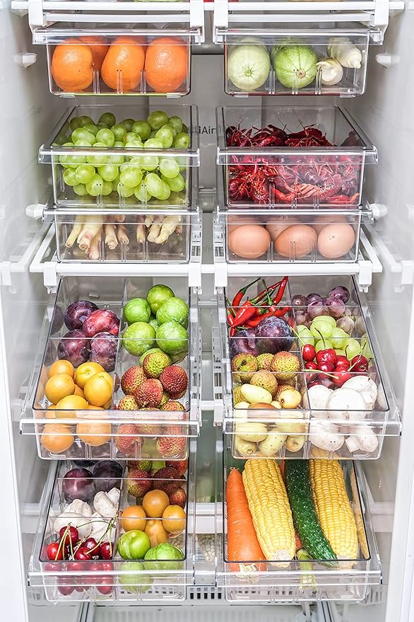 YekouMax Fridge Drawer Organizer, Refrigerator Organizer Bins, Pull Out with Handle, Shelf Holder Storage Box, Clear Container for Food, Drinks, Fit for Fridge Shelf Under 0.6" (1 Pack Medium)