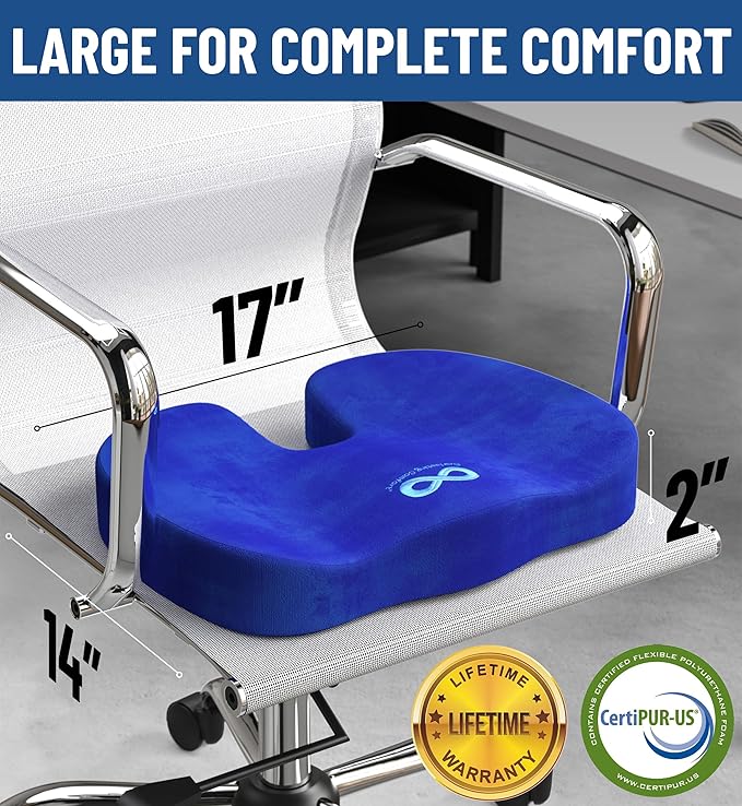 Everlasting Comfort Doctor Recommended Memory Foam Seat Cushion for Office Chairs & Car Seat - Ergonomic Office Desk Accessories for Tailbone Pain Relief, Sciatica & Back Support