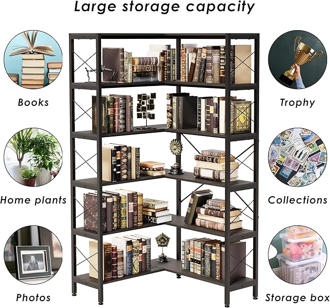 6-Shelf Corner Bookshelf, Vintage Industrial Corner Bookshelf Etagere Bookcase, Large Book Shelf with Metal Frame Open Storage CornerCabinet (Black, Small)