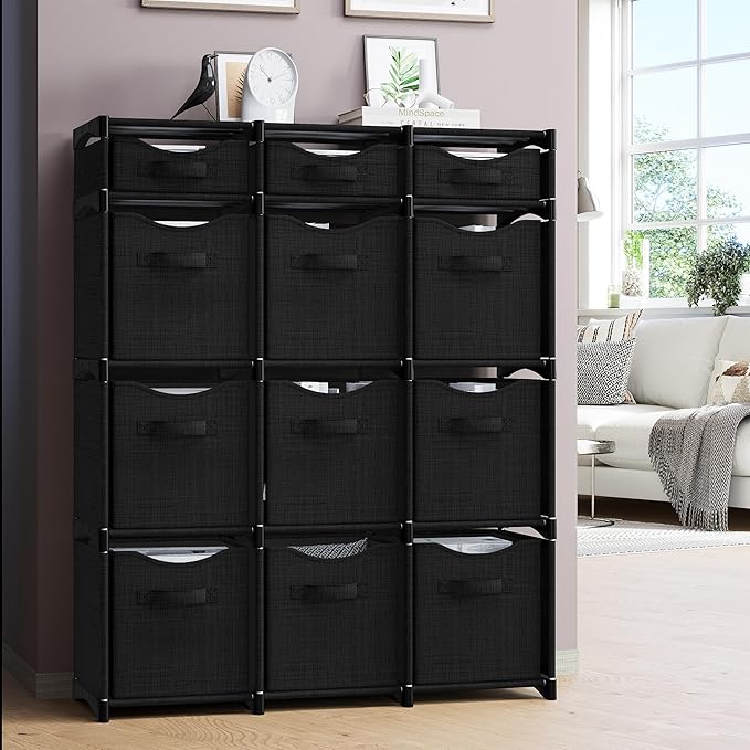 12 Cube Closet Organizers And Storage | Includes All Storage Cube Bins | Easy To Assemble Closet Storage Unit With Drawers | Room Organizer For Clothes, Baby Closet Bedroom, Playroom, Dorm (Black)