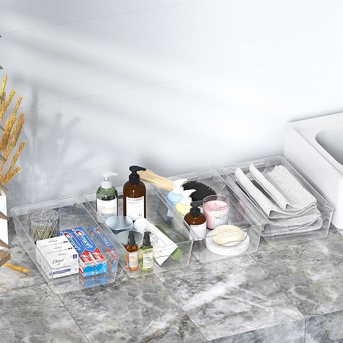 Simple Houseware 4 Pcs Kitchen Clear Bin Storage Organizer, 15" x 8" x 3.75"