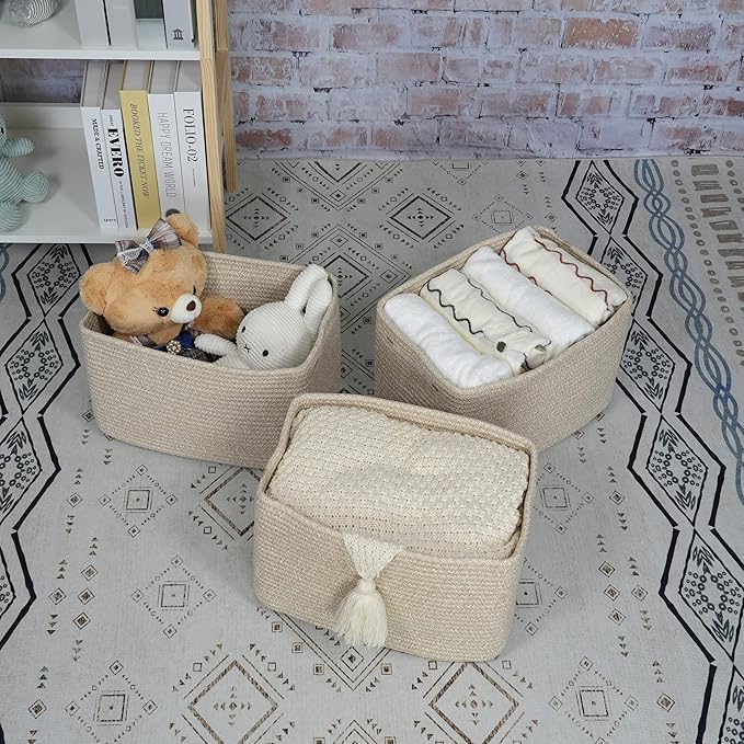 Rope storage Basket Bins Woven Basket for Organizing Shelves 15X10X9.3" Rectangle Decorative Baskets For storage Clothes Toys Books Towels Nursery basket organizer 3 pack Oatmeal