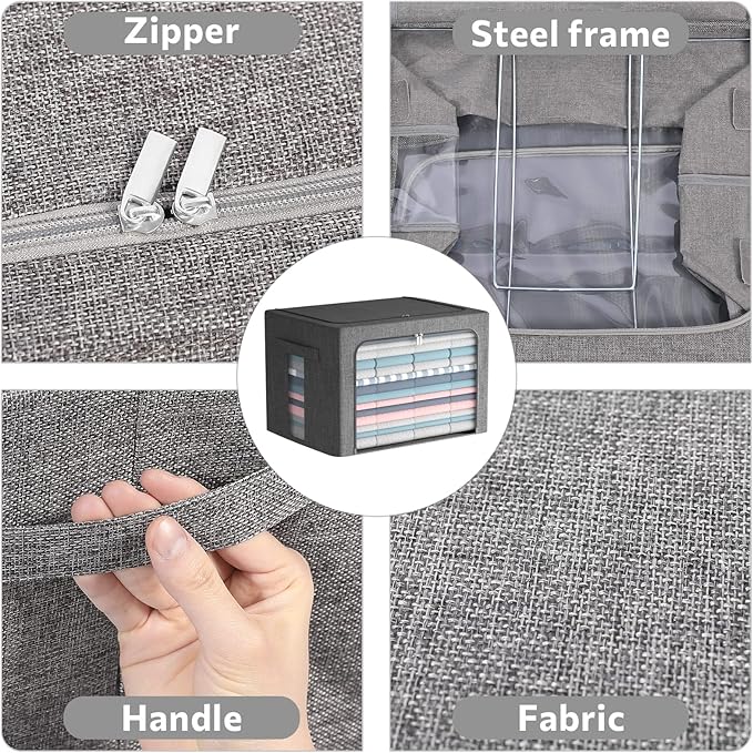 FHSQX Extra Large Clothes Storage Bins Foldable Metal Frame Storage Box Stackable Linen Fabric Box Organizer Set with Carrying Handles and Clear Window -100L (Gray, 23.6x 16.5x 15.7 Inch)