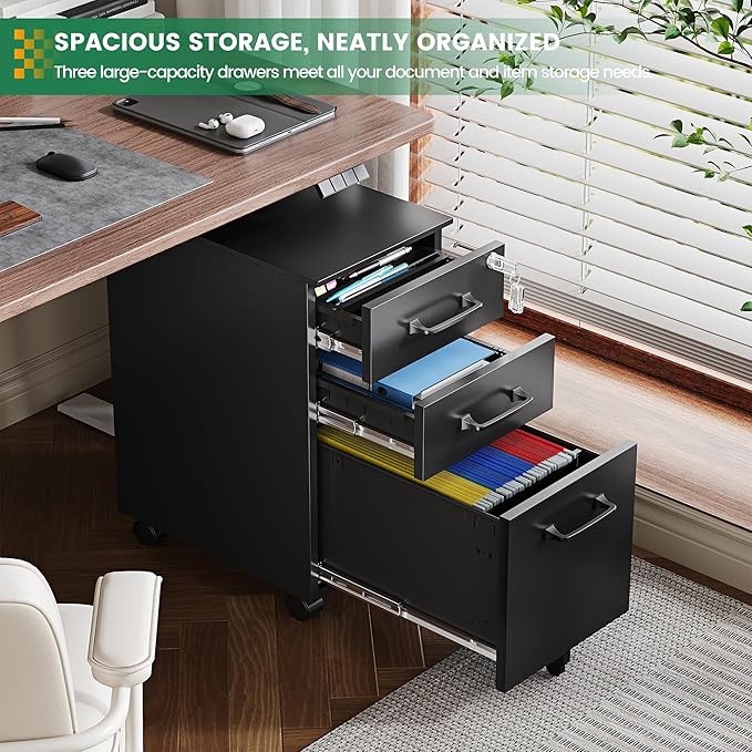 3 Drawer Slim File Cabinet, Mobile Filing Cabinet with Lock,Black Rolling Narrow File Cabinets with Casters, Under Desk Office Cabinets for Home Office,Fit A4/Letter/Legal(Unassembled)