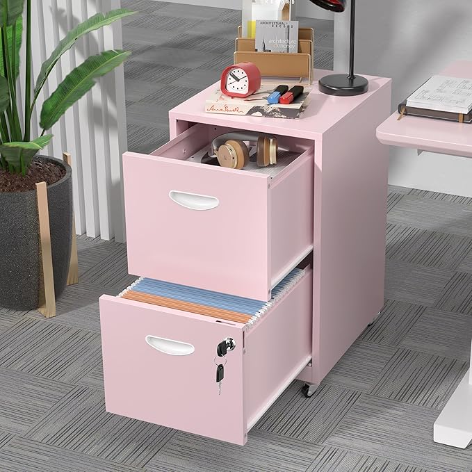 2 Drawer Mobile File Cabinet with Lock, Metal Filing Cabinets with Wheels, Pink Rolling Storage Cabinet, Under Desk Vertical File Cabinet for Home Office, Lockable Steel Two Drawer for Letter Size