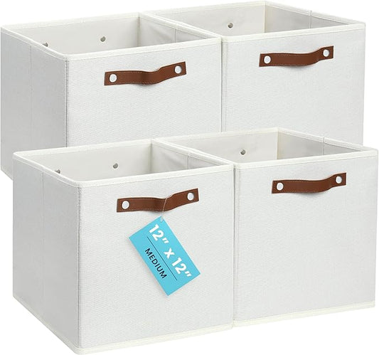 OrganiHaus White 12" x 12" x 12" Fabric Cube Storage Bins - Set of 4, Cube Fabric Organizer Bins with Vegan Handles, Kallax Storage Cubes, Cubbies Organizer Boxes, 12Inch Cubic Baskets for Shelves