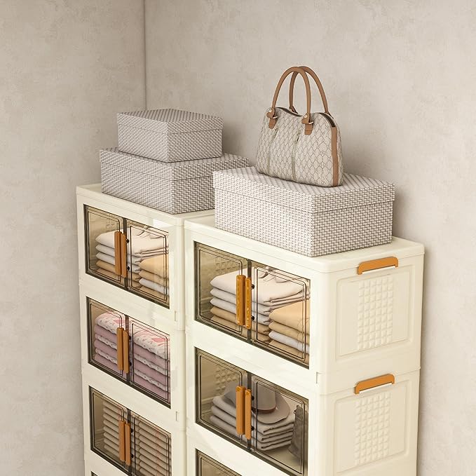 Plastic Stackable Storage Bins with Lids and Wheels, Foldable Storage Containers, Collapsible Clear Storage Cabinet with Doors White 4Tiers 148.8QT