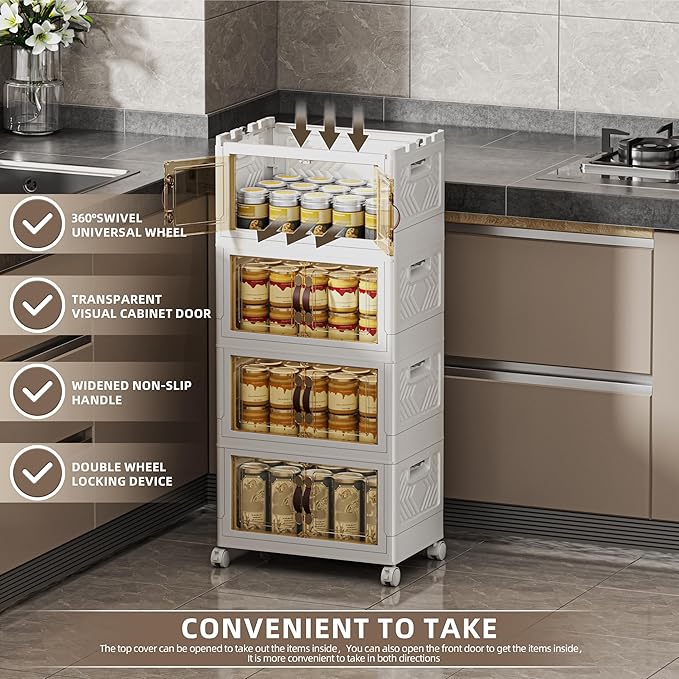 104 QT / 26 Gal Stackable Storage Bins with 1 Lid, Collapsible Plastic Organizer Cabinet with Wheels & Magnetic Doors for Closet, Home, Office – White Containers