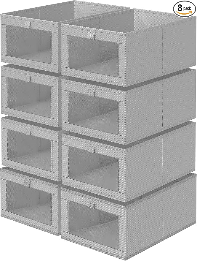 Criusia 8 Pack Linen Closet Organizers and Storage, Large Linen Closet Baskets for Organization, Foldable Storage Containers for Toys, Clothing, Towels, Jeans, Books, Shelves, Grey