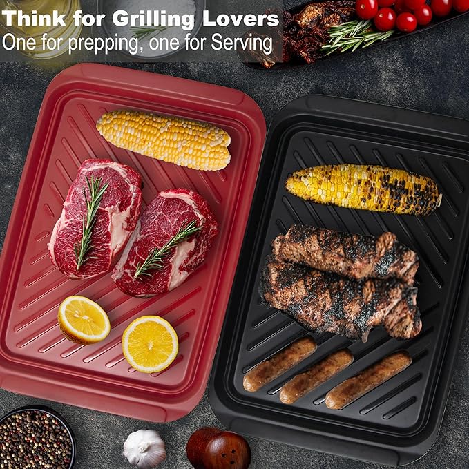 Large Grilling Prep and Serve Trays, BBQ Platter for Raw and Cooked Food, Melamine Serving Trays for Food, Set of 2, Black and Red, Napkin and Cleaning Clothes Included