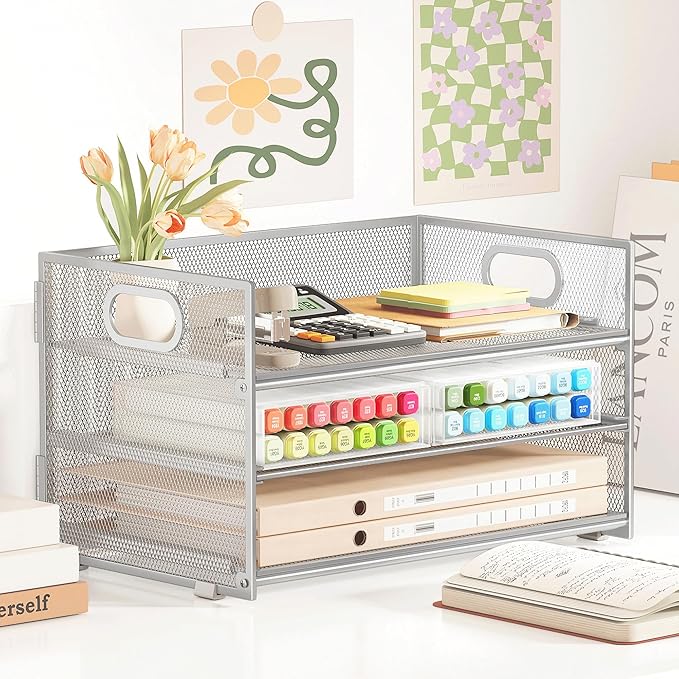 Subekyu 3 Tier Paper Desk Organizer with Handle and 1 PC Slideable Letter Tray, A4 Paper File Folder Sorter Metal Mesh Organizer for Home Office School Desk Supplies Organization Storage, Silver