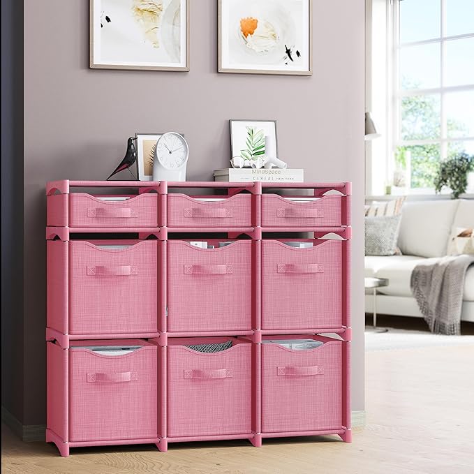 9 Cube Closet Organizers And Storage | Includes All Storage Cube Bins | Easy To Assemble Closet Storage Unit With Drawers | Room Organizer For Clothes, Baby Closet Bedroom, Playroom, Dorm (Pink)
