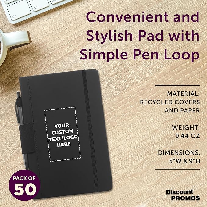 DISCOUNT PROMOS 50 Executive Notebooks with Pen Pack - Customizable Text, Logo - 6 x 8.5 inches, Recycled, Pen Loop, Closure Strap - Black