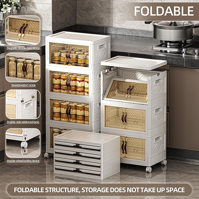 104 QT / 26 Gal Stackable Storage Bins with 1 Lid, Collapsible Plastic Organizer Cabinet with Wheels & Magnetic Doors for Closet, Home, Office – White Containers