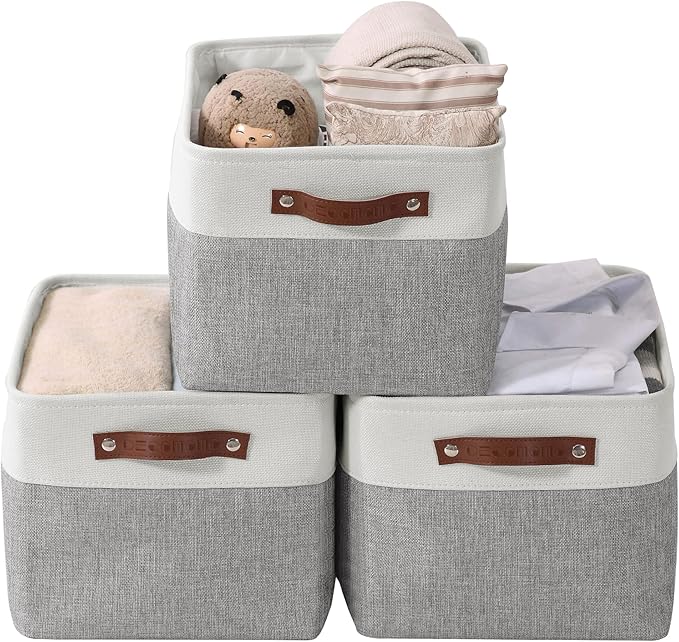 DECOMOMO Storage Baskets for Shelves - Fabric Storage Bins, Linen Closet Organizers and Storage (Grey & White, XL - 3 Pack)