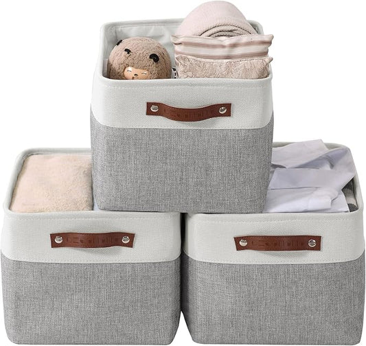 DECOMOMO Storage Baskets for Shelves - Fabric Storage Bins, Linen Closet Organizers and Storage (Grey & White, XL - 3 Pack)
