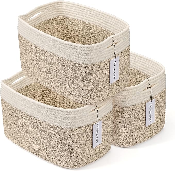 Cotton Rope storage Basket Bins Woven Basket for Organizing Shelves 15X10X9.3" Rectangle Decorative Baskets For storage Clothes Toys Books Towels Nursery basket organizer 3 pack white and brown