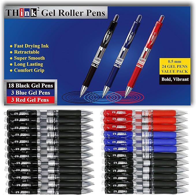 THINK2MASTER [24 Pens - 3 Colors] Think2 Retractable Gel Pens. (18 Black, 3 Red, 3 Blue) Fine Point (0.5mm) Rollerball Pens with Comfort Grip.