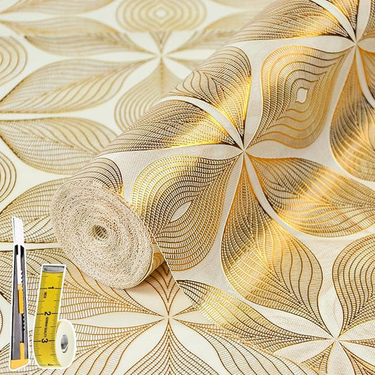 Drawer and Shelf Liner for Kitchen Cabinet,Non-Adhesive Waterproof Drawer Liner for Dresser & Bathroom Vanities with Adhesive Dots & Cutting Tool(24 in X 20 Ft Gold Leaf Pattern)