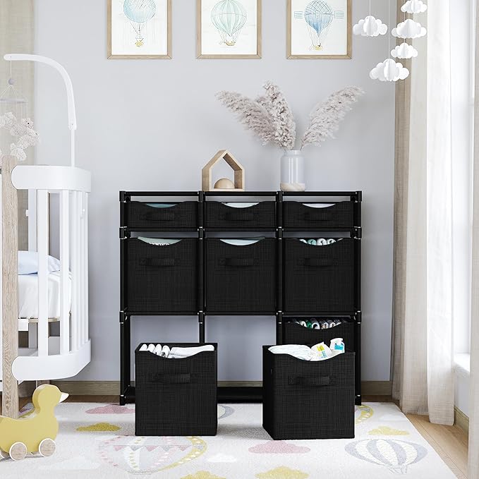 9 Cube Closet Organizers And Storage | Includes All Storage Cube Bins | Easy To Assemble Closet Storage Unit With Drawers | Room Organizer For Clothes, Baby Closet Bedroom, Playroom, Dorm (Black)