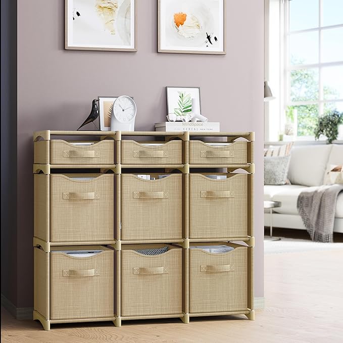 9 Cube Closet Organizers And Storage | Includes All Storage Cube Bins | Easy To Assemble Closet Storages Unit With Drawers | Room Organizer For Clothes, Baby Closets Bedroom, Playroom, Dorm (Beige)