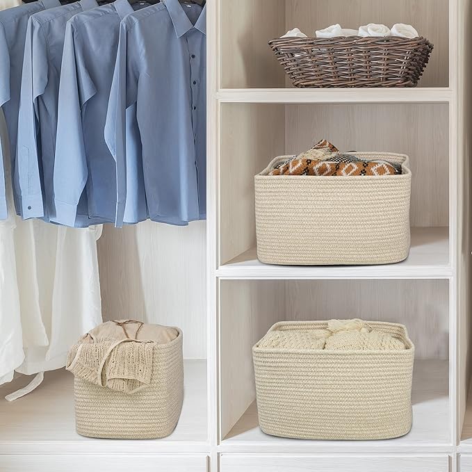 Rope storage Basket Bins Woven Basket for Organizing Shelves 15X10X9.3" Rectangle Decorative Baskets For storage Clothes Toys Books Towels Nursery basket organizer 3 pack Oatmeal