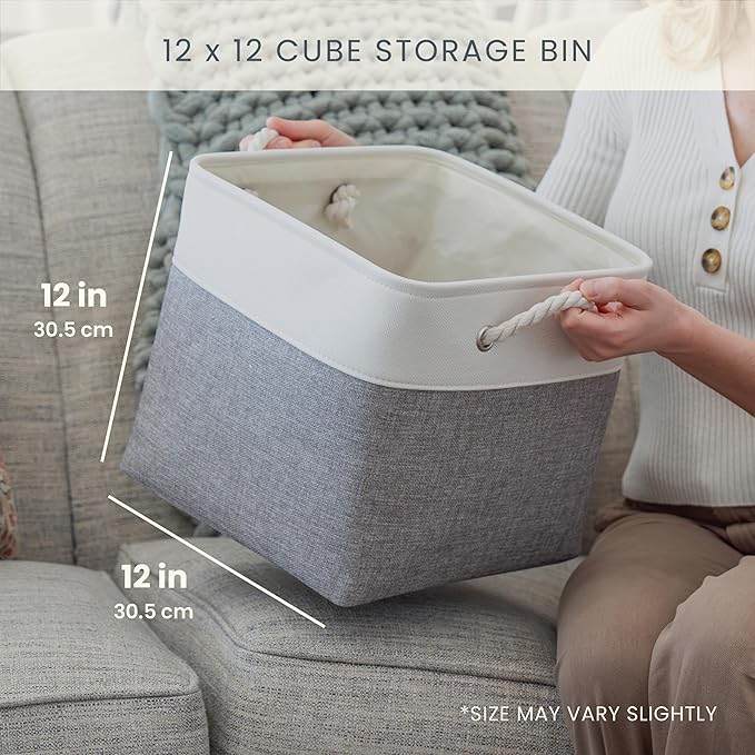 OrganiHaus 12x12 Cube Storage Bins 4 Pack, Foldable Cube Storage Organizer w/ Rope Handles, Collapsible Fabric Bins for Toys, Clothes & Closet Organization, Fabric Square Baskets - Beige/White