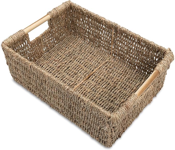 Large Natural Wicker Basket Rectangular with Wooden Handles, Seagrass Storage for Organizing, Shelves 15.5 x 10.6 x 5.5 inches