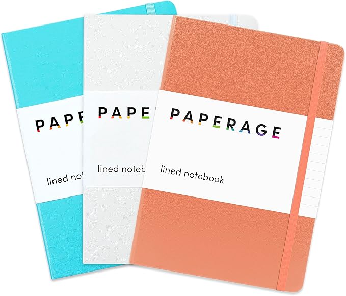 PAPERAGE Lined Journal Notebook, 3 Pack, (Coral, White, Sky Blue), 160 Pages, Medium 5.6 in x 8 in - 100 GSM Thick Paper – Hardcover Journaling Notebook for Work, School & Note Taking