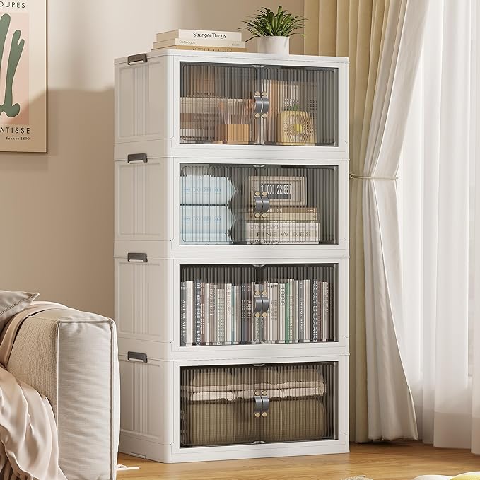 SAILUN 116Gal/464Qt Stackable Storage Bins Folding Collapsible Storage Bins with Lid, Closet Organizers and Storage,Grey 26" W x 17" D x 56.7" H