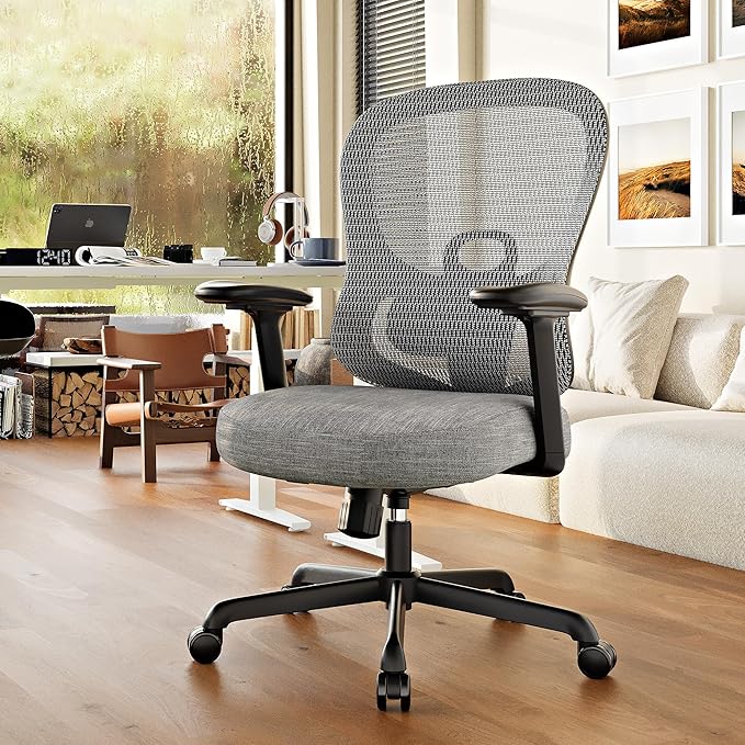 ELABEST Ergonomic Office Chair,Home Desk Chair with Mesh Back,Adjustable Lumbar Support,Built-in Springs Wide Seat,Executive Task Chair with 3-D Big Armrests,Tilt Function,Computer Desk Chair (Grey)