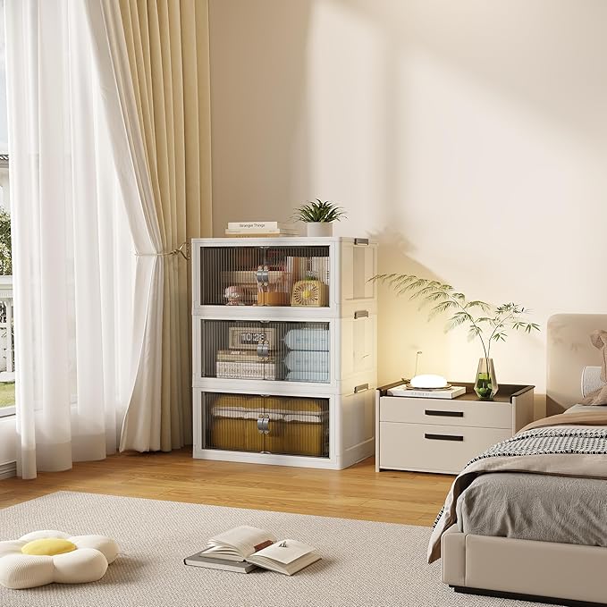 SAILUN 87Gal/348Qt Stackable Storage Bins Folding Collapsible Storage Bins with Lid, Closet Organizers and Storage, Grey 26" W x 17" D x 43.7" H