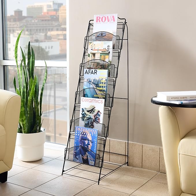 Safco Onyx Mesh Magazine Holder, Ladder Style Display Rack with 5 Pockets, Brochure Organizer, Commercial-Grade Steel Construction, Black
