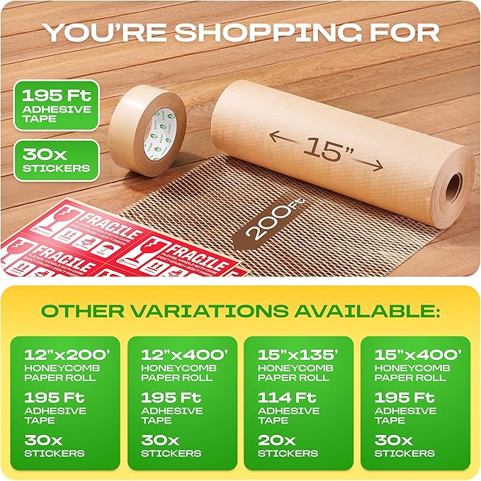 Honeycomb Packing Paper | Extra Thick 90 GSM Packing Wrap | Biodegradable Packing Materials: 15” x 200’ Moving Paper + 195’ Cellulose Adhesive Tape + 30 Fragile Stickers | Paper Bubble Wrap