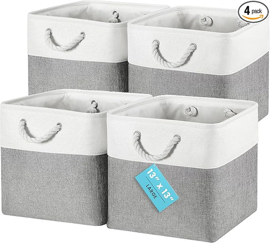 OrganiHaus 13x13 Cube Storage Bins 4 Pack, Foldable Cube Storage Organizer w/ Rope Handles, Collapsible Fabric Bins for Toys, Clothes & Closet Organization, Fabric Square Baskets - Gray/White