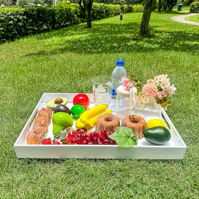 White Rectangular 14x20 Inches Acrylic Ottoman Tray Decorative Serving Tray with Cutout Handles Organizer Tray on Coffee Table Countertop Big Breakfast Bed Tray Living Room Appetizer Serving Food