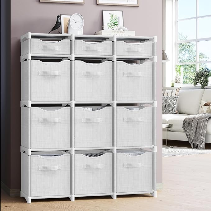 12 Cube Closet Organizers And Storage | Includes All Storage Cube Bins | Easy To Assemble Closet Storage Unit With Drawers | Room Organizer For Clothes, Baby Bedroom, Playroom, Dorm (White-Grey)