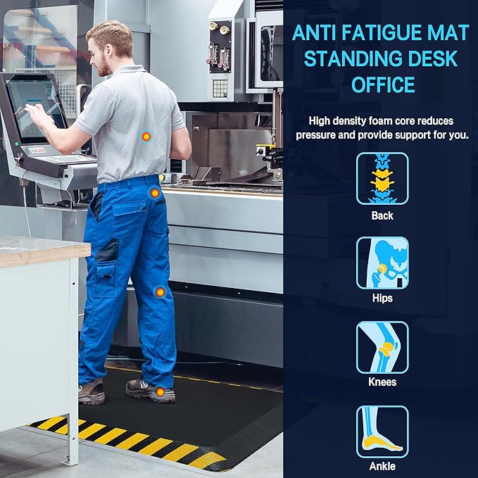 FEATOL Anti Fatigue Mats Industrial 3 Packs, Ergonomic Standing Floor Mat for Work for Stand, Black with Yellow Border Safety 20" x 32"-Support for Leg & Back Pain