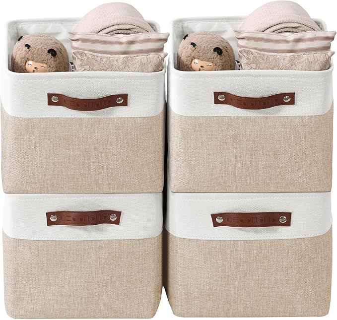 DECOMOMO Storage Baskets for Shelves - Fabric Storage Bins, Linen Closet Organizers and Storage (Beige & White, Large - 4 Pack)
