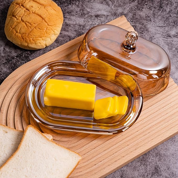 7.5" Glass Butter Dish with Lid for Countertop, Elegant Champagne-Colored Crystal Butter Stick Holder Container