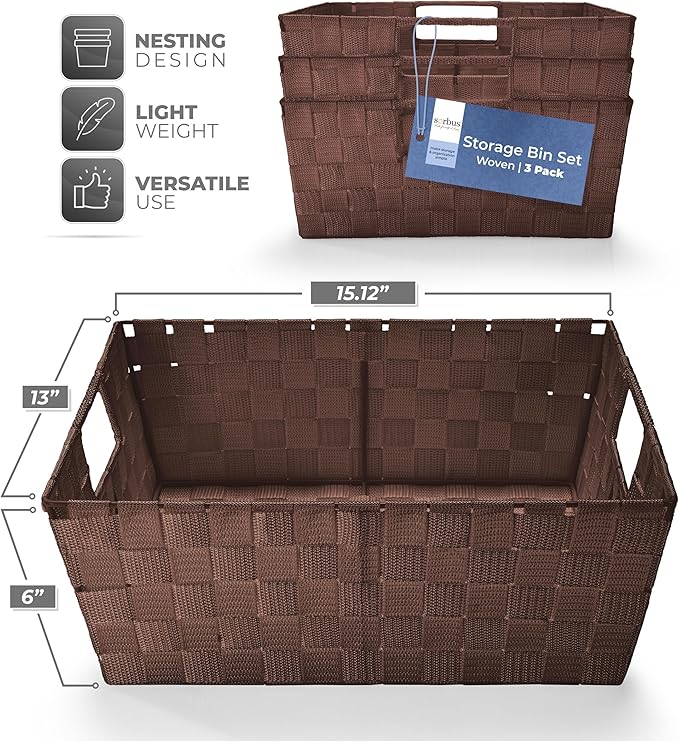 Sorbus Set of 3 Large Woven Storage Baskets – Mesh Hand-Woven Baskets for Organizing, Fabric Storage Bins for Linen Closet Organizer, Storage Baskets for Shelves and Home Organization (Chocolate)